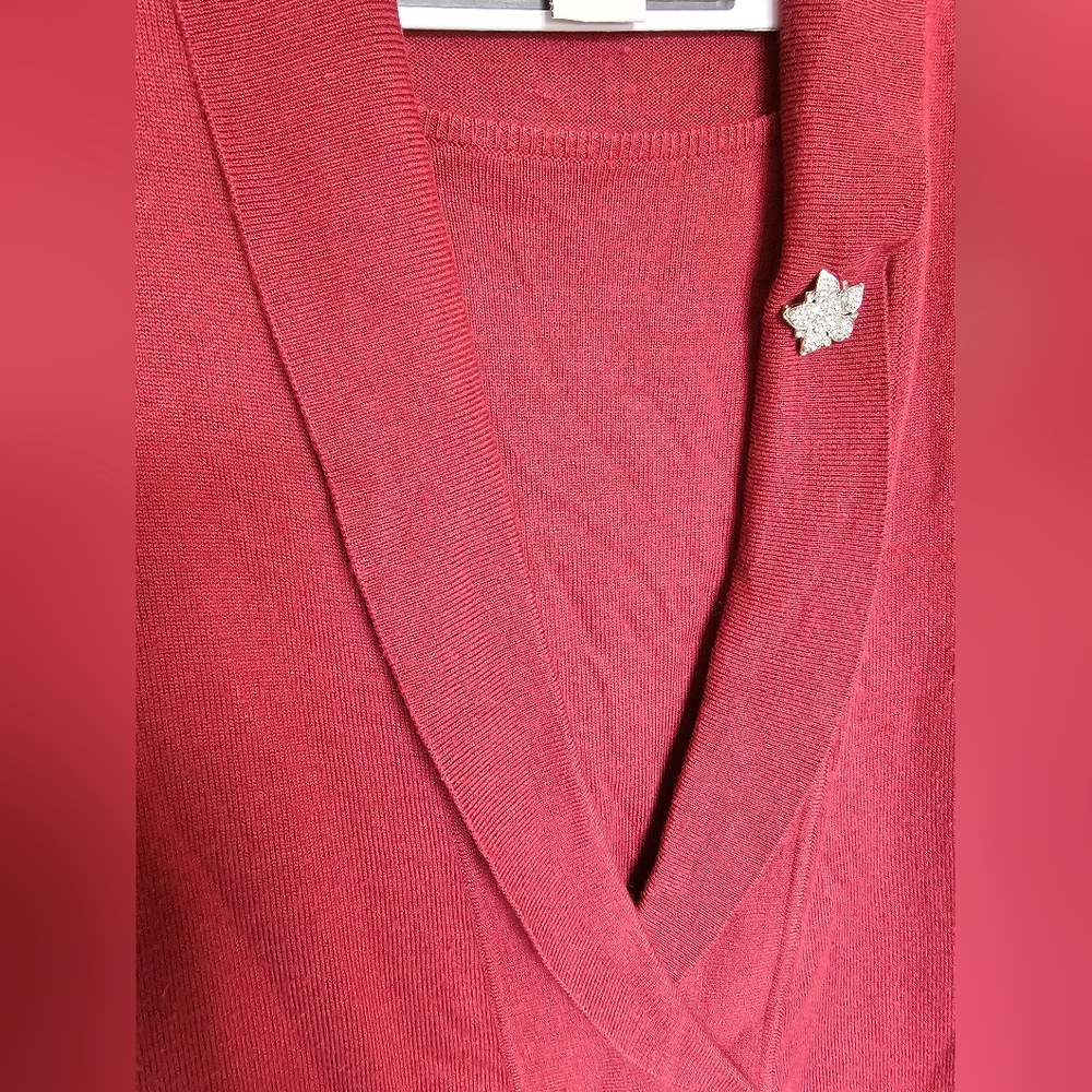 Sag Harbor Deep Red V-Neck Sweater With Crystal Broach